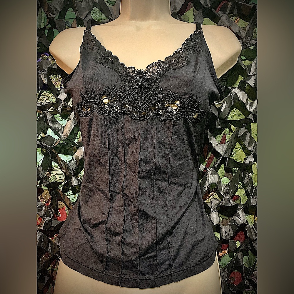 Retro Black Silky Cami with Embroidered Bust